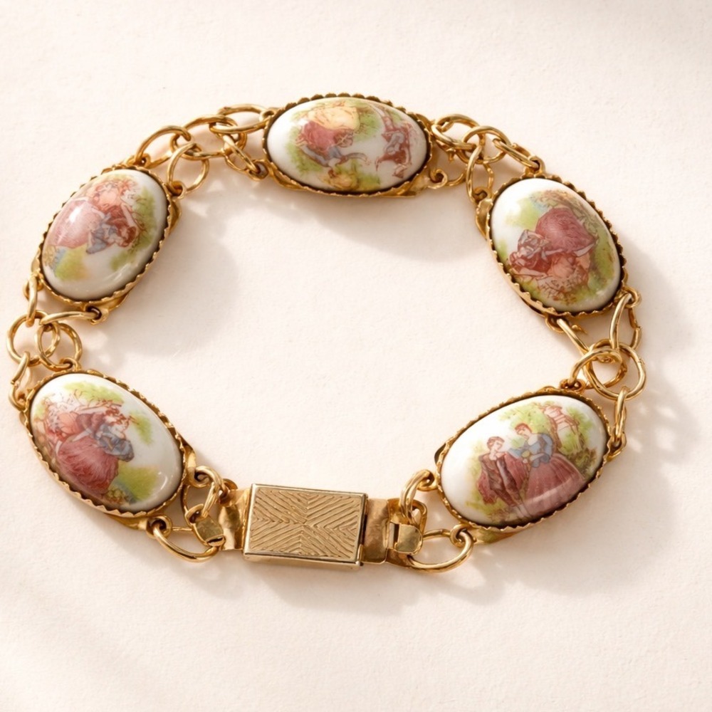 Vintage Bracelet Fragonard Courting Couple Limoges Estate Jewelry Pre-owned 7.5"